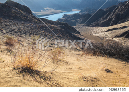 View from afar of the river in the arid steppe of Kazakhstan Ili, landscape of central asia 98968565