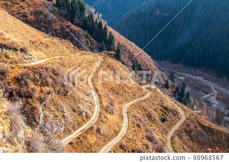 Road serpentines trail in autumn mountain gorge 98968567