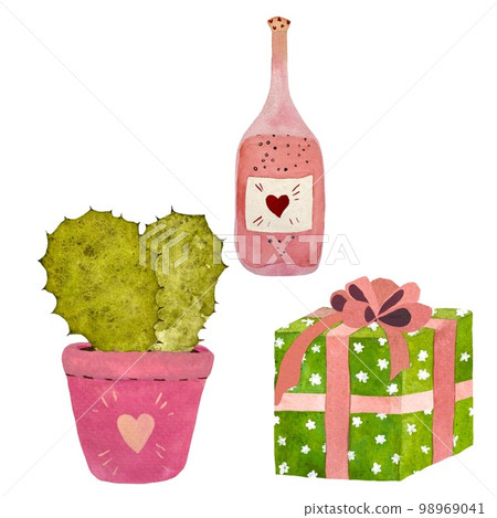 Gift box bottle cactus heart valentine watercolor Gift box bottle cactus heart valentine watercolor 98969041