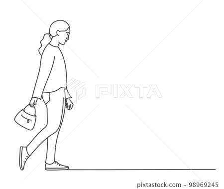 Girl walking slowly. Slow woman. 98969245