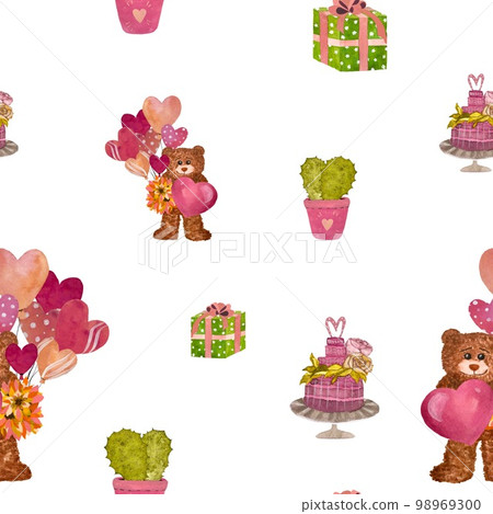 Bear heart cactus balloon gift pattern watercolor Bear heart cactus balloon gift pattern watercolor 98969300