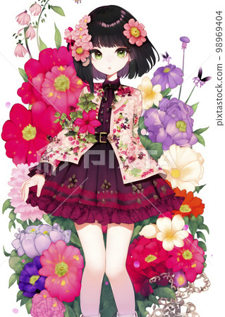 Harajuku fashion woman wrapped in flowers Anime-style illustration "AI-generated image" 98969404