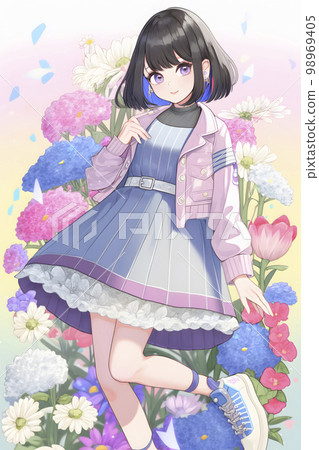 Harajuku fashion woman wrapped in flowers Anime-style illustration "AI-generated image" 98969405