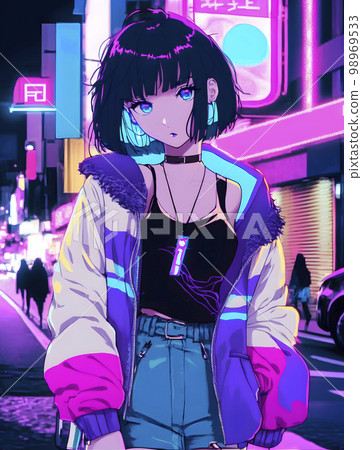 Tokyo Neon Street Cool Beauty Fashionable Woman... - Stock Illustration ...