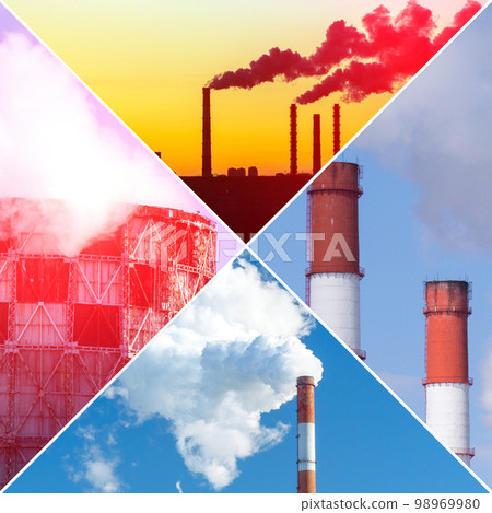 Technogenic urban landscape with smoking factory chimneys. Square format, Collage Technogenic urban landscape with smoking factory chimneys. Square format, Collage 98969980