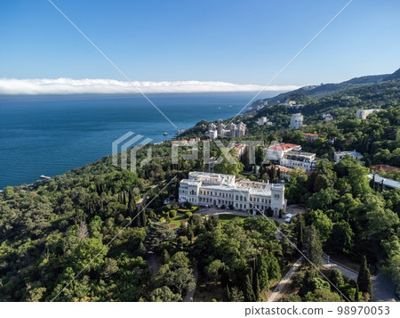 Aerial View of Livadia Palace - located on the shores of the Black Sea in the village of Livadia in the Yalta region of Crimea. Livadia Palace was a summer retreat of the last Russian tsar Nicholas II 98970053