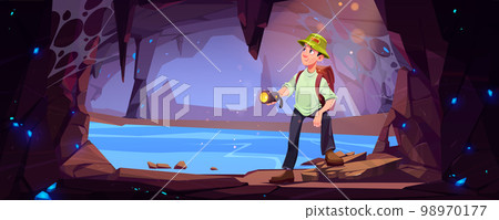 Hiker man travel in mountain cave Hiker man travel in mountain cave 98970177