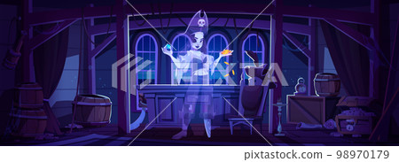 Female pirate ghost in cabine on ship at night 98970179
