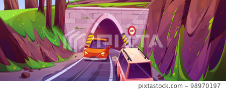 Vector tunnel road in mountain, oncoming car sign 98970197