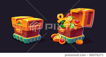 Cartoon set of egyptian treasure chest on black 98970271