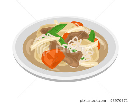 盤子裡放著肉和土豆的插圖 98970571