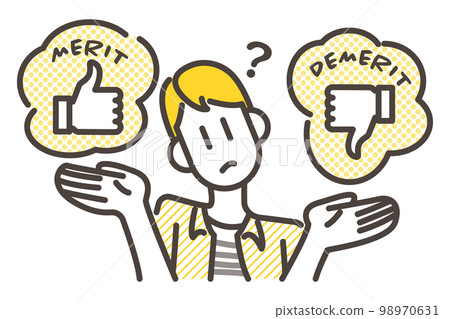 A young man comparing advantages and disadvantages [vector illustration material] 98970631
