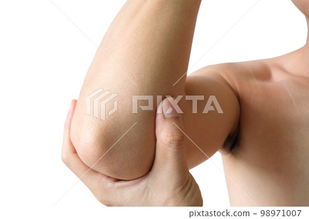 man touching the elbow with elbow pain And he relieves pain with massage. Health and healing concept. man touching the elbow with elbow pain And he relieves pain with massage. Health and healing concept. 98971007