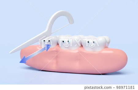 3d showing teeth cleaning food waste with toothpick dental floss isolated on blue background. 3d render illustration, clipping path 3d showing teeth cleaning food waste with toothpick dental floss isolated on blue background. 3d render illustration, clipping path 98971181