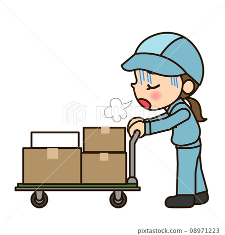 Female delivery man carrying luggage on a trolley 98971223