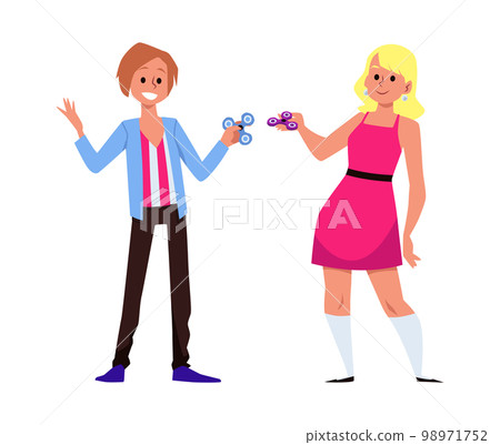 Happy women playing with spinner, cartoon flat vector illustration isolated on white background. Happy women playing with spinner, cartoon flat vector illustration isolated on white background. 98971752