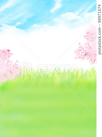 藍天、櫻花和佈告欄水彩插圖 98971874