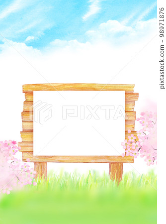 藍天、櫻花和佈告欄水彩插圖 98971876