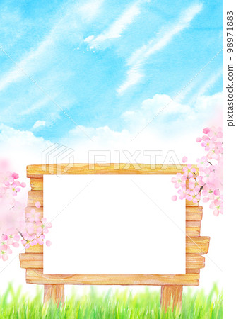 藍天、櫻花和佈告欄水彩插圖 98971883