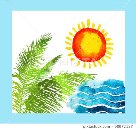 Enjoy summer time background with tropical leaves. Sea sun and palm leaves watercolor abstraction. Vector illustration 98972157
