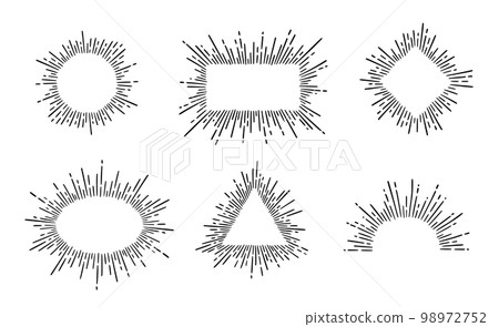 Sunburst ray vintage frame element set. Star burst ray hand drawn shine, retro badge, logotype circle decoration frame Sunburst ray vintage frame element set. Star burst ray hand drawn shine, retro badge, logotype circle decoration frame 98972752