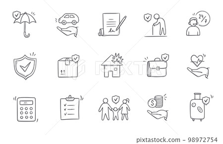 Insurance doodle icon set. Hand drawn sketch life shield, insurance umbrella, medical safety icon set. Health safety, car accident, house protect Insurance doodle icon set. Hand drawn sketch life shield, insurance umbrella, medical safety icon set. Health safety, car accident, house protect 98972754