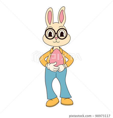 Groovy hippie Happy Easter character. Easter bunny in trendy retro 60s 70s cartoon style. 98973117