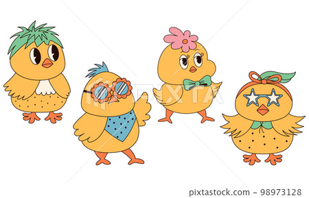 Groovy hippie Happy Easter characters. Set of Easter chicks in trendy retro 60s 70s cartoon style. 98973128