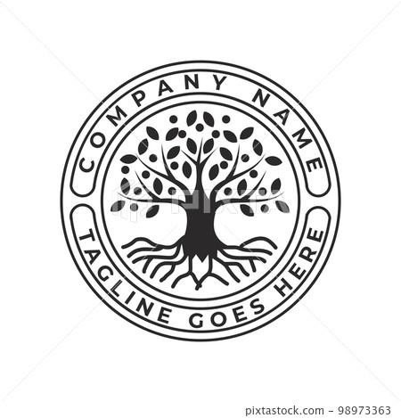Tree of Life Stamp Seal Emblem Oak Banyan tree logo design inspiration. Coat of arms of Oak Banyan Maple logo design vector 98973363