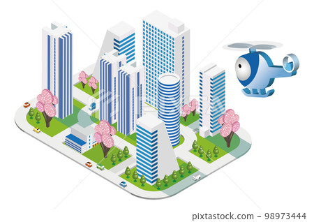 3d illustration. Beautiful spring cityscape and scenery of life with cherry blossoms 98973444
