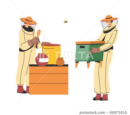 Farmers producing honey, beekeeping hobby vector 98973818