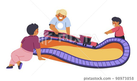 Children playing railroad train toy, leisure time 98973858