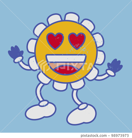 Heart eyes retro flower chamomile emoji smile. Vintage naive emoticon. Heart eyes retro flower chamomile emoji smile. Vintage naive emoticon. 98973973