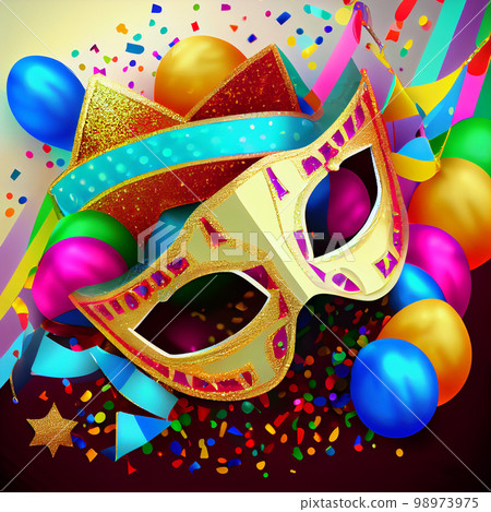 Carnival background with mask, serpentine and confetti. Happy Purim realistic festive party composition 98973975