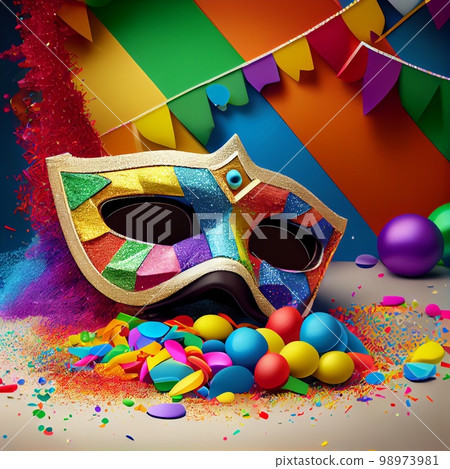 Carnival background with mask, serpentine and confetti. Happy Purim realistic festive party composition Carnival background with mask, serpentine and confetti. Happy Purim realistic festive party composition 98973981