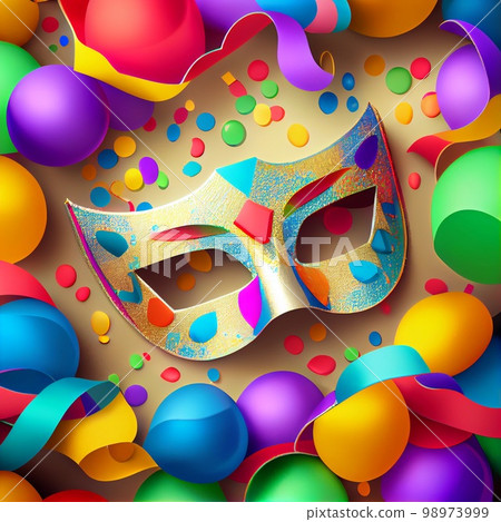 Carnival background with mask, serpentine and confetti. Happy Purim realistic festive party composition Carnival background with mask, serpentine and confetti. Happy Purim realistic festive party composition 98973999