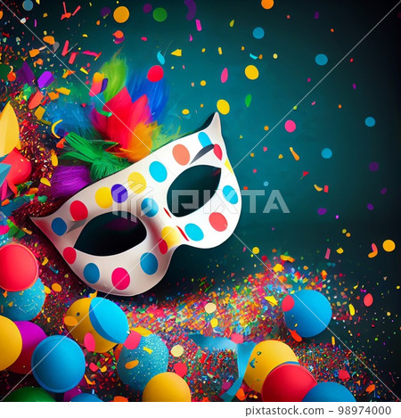 Carnival background with mask, serpentine and confetti. Happy Purim realistic festive party composition Carnival background with mask, serpentine and confetti. Happy Purim realistic festive party composition 98974000