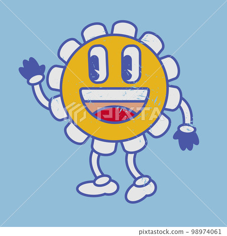 Vintage chamomile flower emoji laughing smile. Retro naive emoticon. 98974061