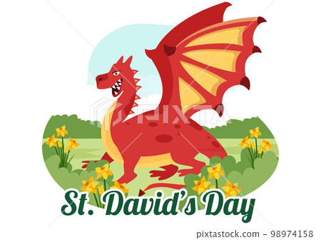 Happy St David's Day on March 1 Illustration with Welsh Dragons and Yellow Daffodils for Landing Page in Flat Cartoon Hand Drawn Templates 98974158