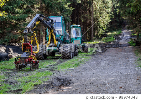 Wheeled harvester for tree harvesting in forest. Wheeled harvester for tree harvesting in forest. 98974348