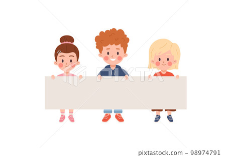Smiling children holding rectangular paper banner flat style Smiling children holding rectangular paper banner flat style 98974791