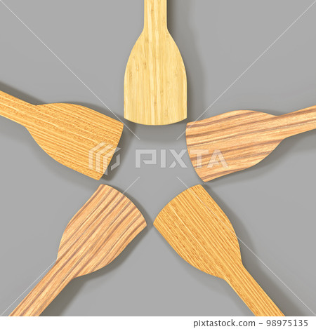 Wooden kitchen spatulas for cooking food isolated on gray background 3d render. Realistic set of empty natural bamboo culinary tools, wood kitchenware, utensil for home or restaurant 98975135