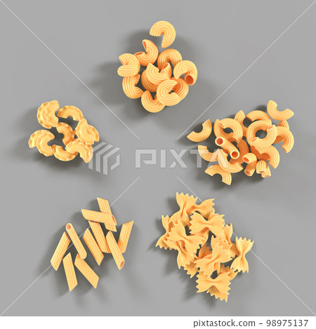 Pasta and macaroni icon set, piles of Italian raw dry penne, fusilli, chifferi isolated on grey background top view 3d render. Various types of noodles, portions for lunch or dinner Pasta and macaroni icon set, piles of Italian raw dry penne, fusilli, chifferi isolated on grey background top view 3d render. Various types of noodles, portions for lunch or dinner 98975137