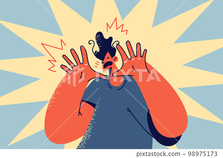 Terrified man make hand gesture  98975173