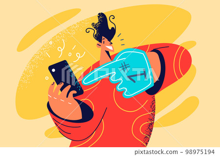Smiling man point at cellphone Smiling man point at cellphone 98975194