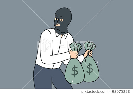 Male thief with money bags in hands Male thief with money bags in hands 98975238