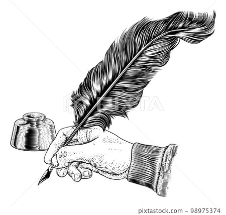 Quill Feather Ink Pen Hand Vintage Woodcut Print Quill Feather Ink Pen Hand Vintage Woodcut Print 98975374