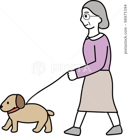 Grandmother walking a dog Grandmother walking a dog 98975394