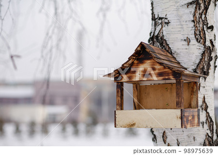 Wooden bird feeder with seeds handging from tree in winter garden. Wooden bird feeder with seeds handging from tree in winter garden. 98975639