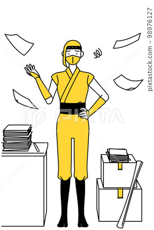 A woman in a ninja costume who is fed up with messy work A woman in a ninja costume who is fed up with messy work 98976127